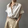 Women Summer Shirt Lapel Short Sleeve Solid Color Pullover Tops Loose Fit Thin Office Lady Shirt Workwear