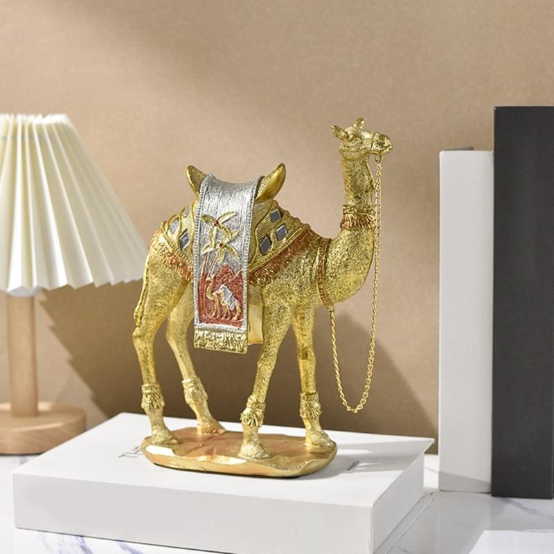 Artistic Camels Sculpture Resins Middle Eastern Ornament Gold Desert Animal Figurine for Living Room and Office Display