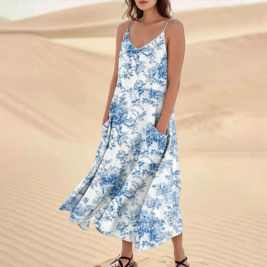 Женское модное повседневное длинное пляжное платье без рукавов с карманом и цветочным принтом