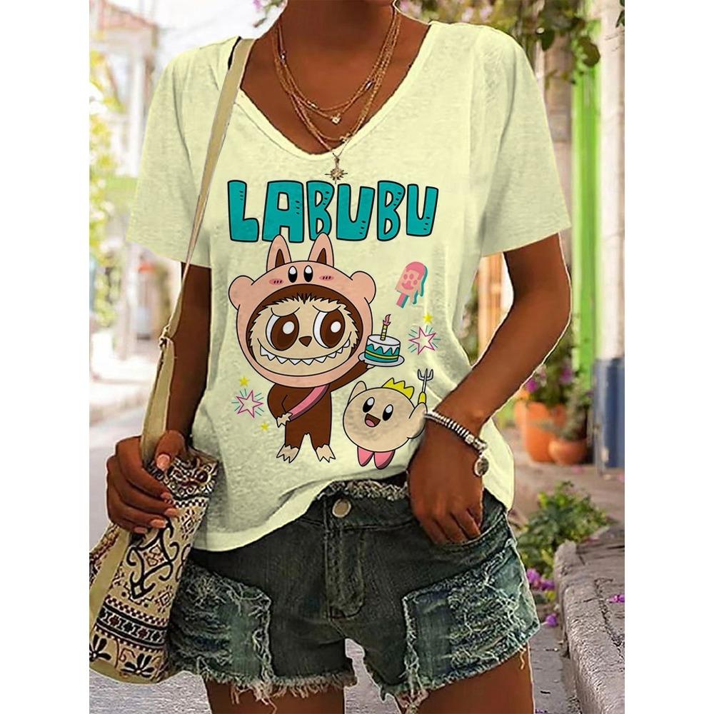 Женская хлопковая футболка с коротким рукавом Labubu, летний тренд 2025, с рукавом до локтя, в стиле Ins, универсальная уличная одежда