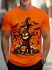 Men'S Halloween T-Shirt - Spooky Pumpkin Wizard with Bats Orange Casual Crew Neck Tee, Machine Washable Regular Fit for Halloween Parties