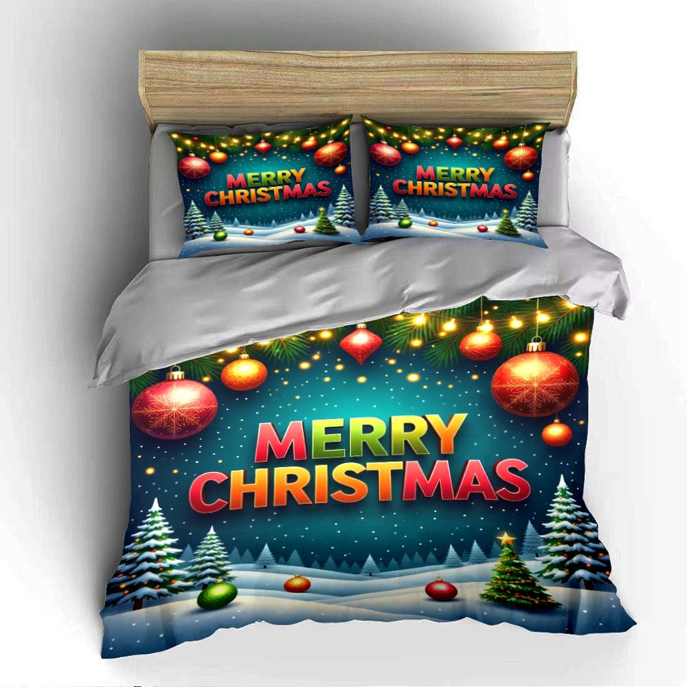Christmas tree and ornaments pattern bedding set (1 duvet cover, 2 pillowcases, duvet not included)