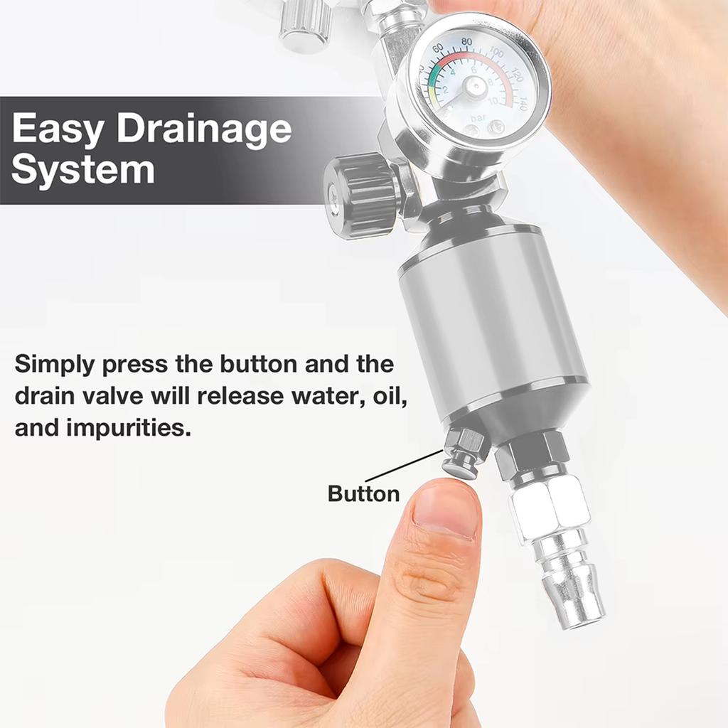 Регулятор воздуха Воздушный фильтр Краскопульт Манометр регулятора воздуха Воздушный распылитель Встроенный фильтр-влагоотделитель Регулятор для краскопульта