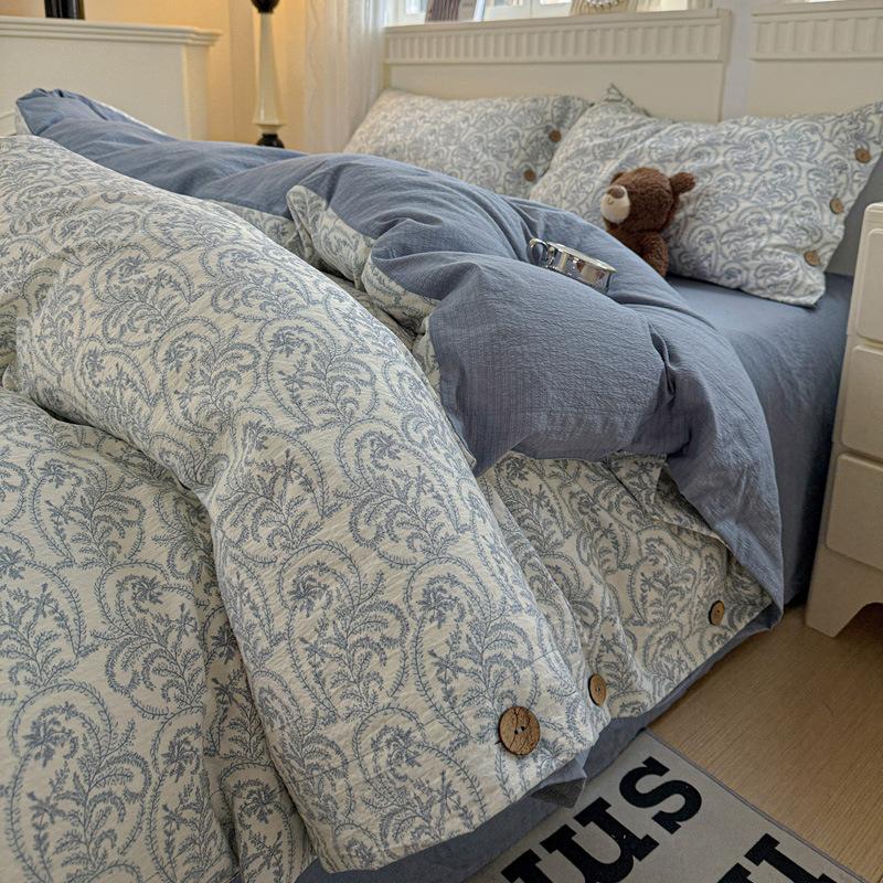 Комплект постельного белья из чистого хлопка с винтажным цветочным принтом, 4 предмета, на пуговицах, простыня из 100% хлопка, простыня на резинке, пододеяльник, постельное белье класса А