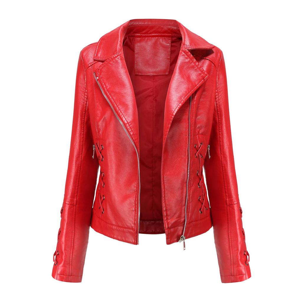 Women Turn Down Collar Long Sleeve Woven Lace Up Solid Color Leather Pu Jacket S-4XL