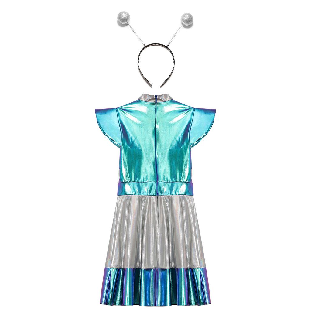 Детский костюм для косплея на Хэллоуин для девочек, космический костюм милашки, платье с забавным аксессуаром-кольцом для волос в стиле инопланетянина