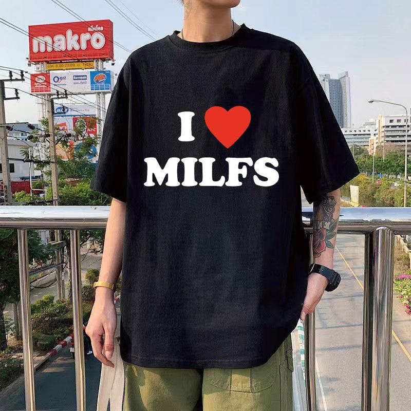 Модные Унисекс Футболки с Принтом I Love MILFS I Heart Hot Moms Мужские Женские Оверсайз Повседневная Футболка Харадзюку Футболка Стритвир