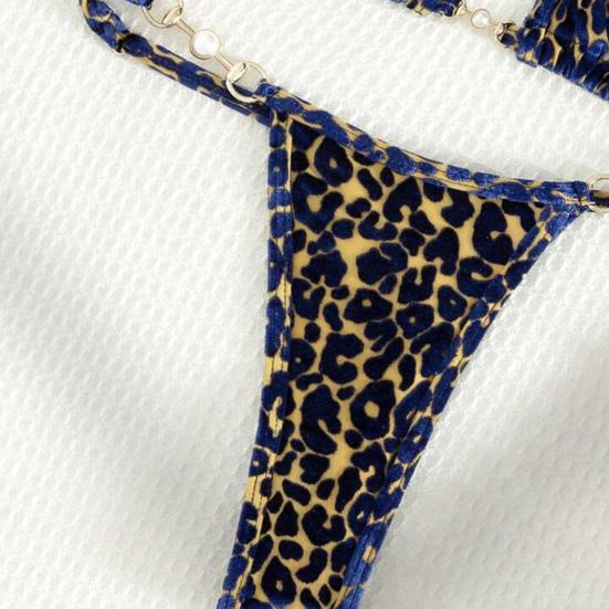 2Pcs/Set Women Sexy Bikini Set Leopard Print Halter Bra Faux Pearls Briefs