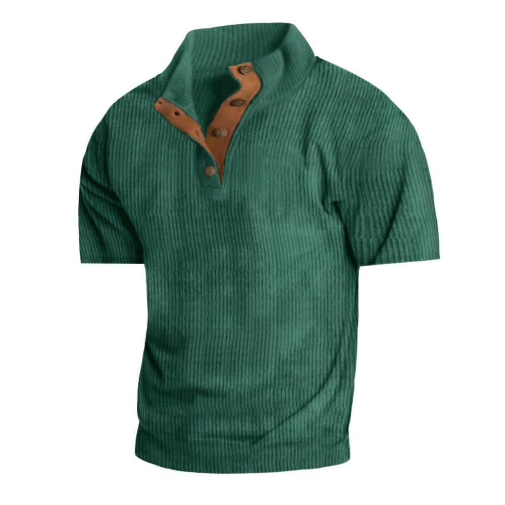 Men's Summer Casual T-shirt Button Stand-up Collar Tees Solid Color Loose Corduroy Short Sleeves Soft Skin-friendly