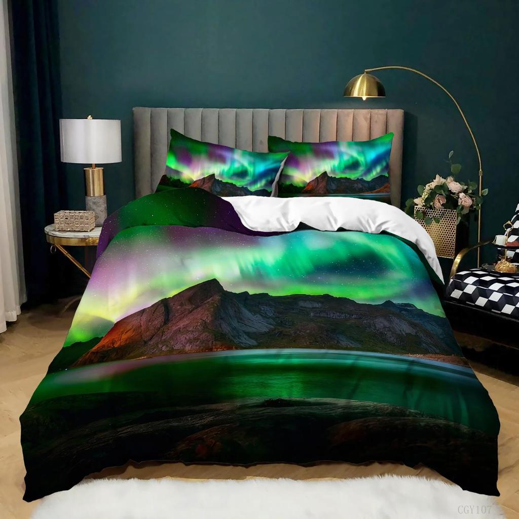 Aurora Borealis Полиэстер Пододеяльник Комплект Дерево Под Магнитным Полем Природы с Северным Сиянием Пейзаж Картина King Size