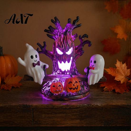No Battery Required Halloween Light Animated Seesaw Ghost Light, USB Powered 3D Night Cute LED Lamp for Desk with Spooky Tree And Pumpkin Design,