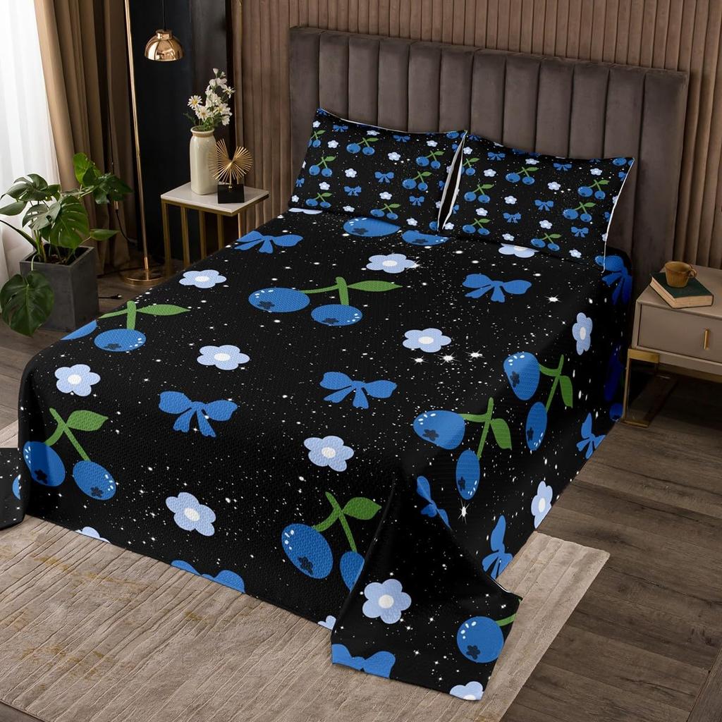 Cartoon Blueberry Bedspread Summer Tropical Fruit Quilted Coverlet Watercolor Botanical Leaves Flower Bedding Set for Teen Adult