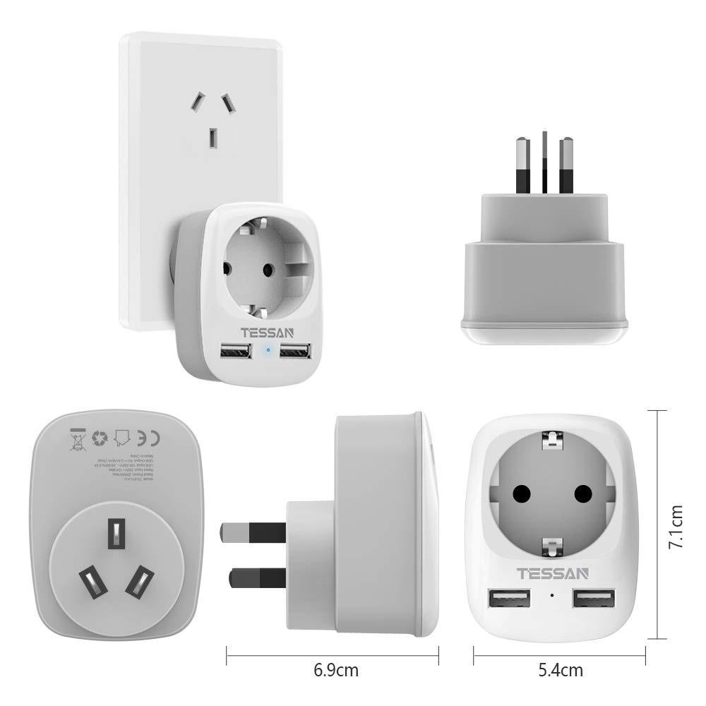 Tessan Адаптер 3-в-1 для Австралии, Китай, Германия, вилка с 2 USB-разъемами, серый цвет