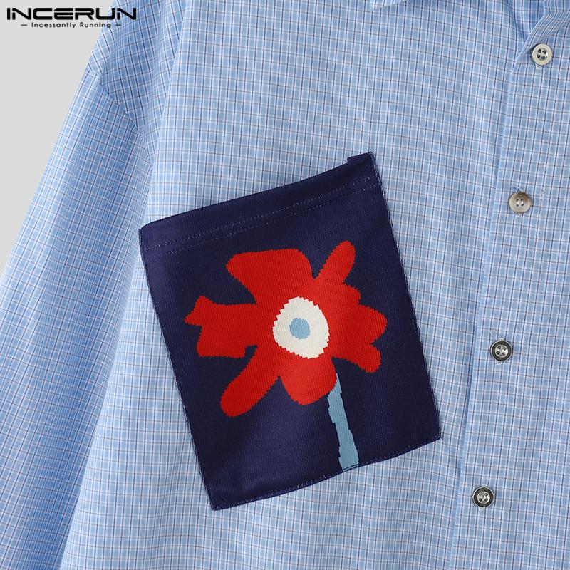 INCERUN Мужские рубашки оверсайз с лацканами, длинным рукавом, цветочным принтом и клеткой, повседневные топы