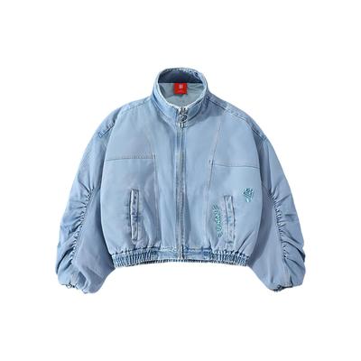 Короткая хлопковая куртка из вышитого однотонного джинсового стирающегося логотипа бренда Li Ning, женские куртки светло-джинсового цвета с синим оттенком AJMR064-2