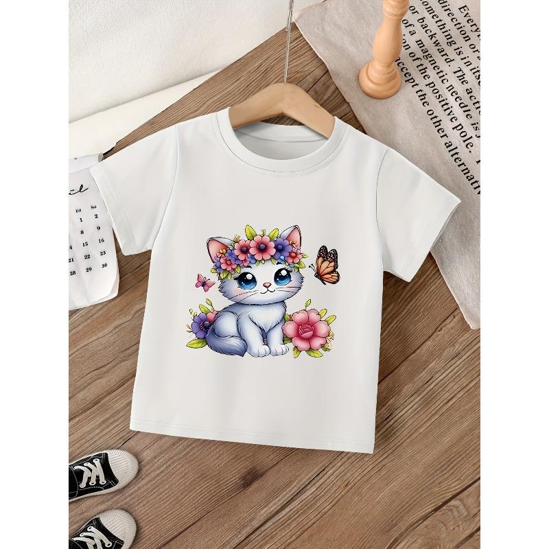 Girls Crewneck Short Sleeve T-Shirt, Floral Cat & Butterfly Print Soft Casual Tee