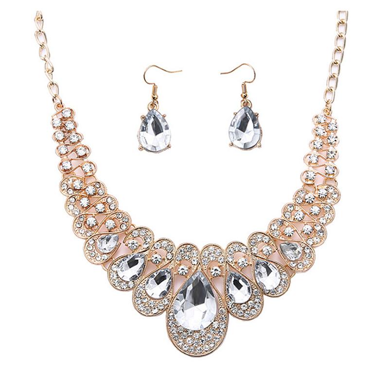 Комплект ювелирных изделий из металла, сверкающие бриллианты, ожерелье, серьги, набор для женщин, праздничные украшения, подарок