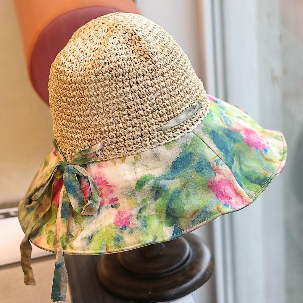 Pastoral style smudged big eaves holiday style sun hat spring and summer hollow crochet top seaside sun protection straw hat woman