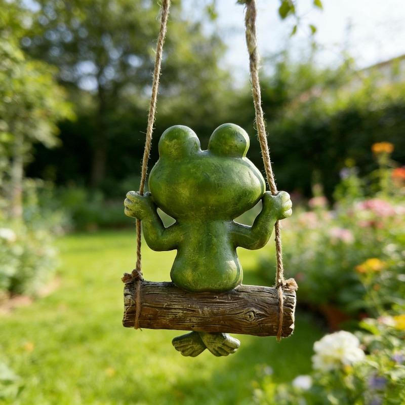Swing Log Frog Resin Hanging Ornament Big Eye Cartoon Frog Tree Hanging Statue Yard Patio Garden Micro Landscape Decor