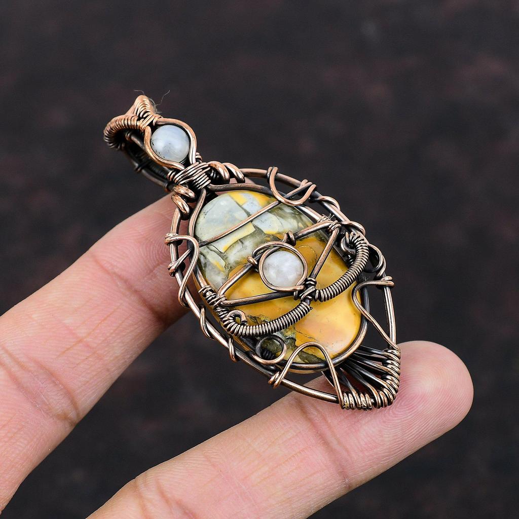 Подвеска из яшмы "Сглаз Малигано" Медная проволока Подвеска из драгоценного камня Ювелирные изделия ручной работы Подвеска из радужного лунного камня Медные украшения Подарок для него