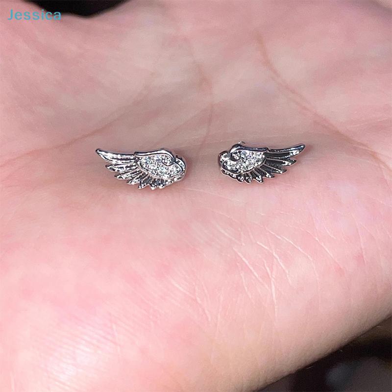 Angel Wing And Cross Ear Stud Set - 34Pcs Silver Plated Rhinestone Earrings For Women