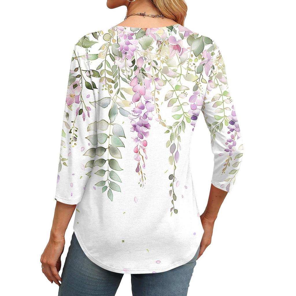 Женская модная повседневная футболка с круглым вырезом и рукавом семь четвертей в стиле ретро с принтом, плиссированная футболка