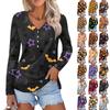 Ladies' Fashionable Casual Long Sleeved Halloween Printed V-neck Button Top