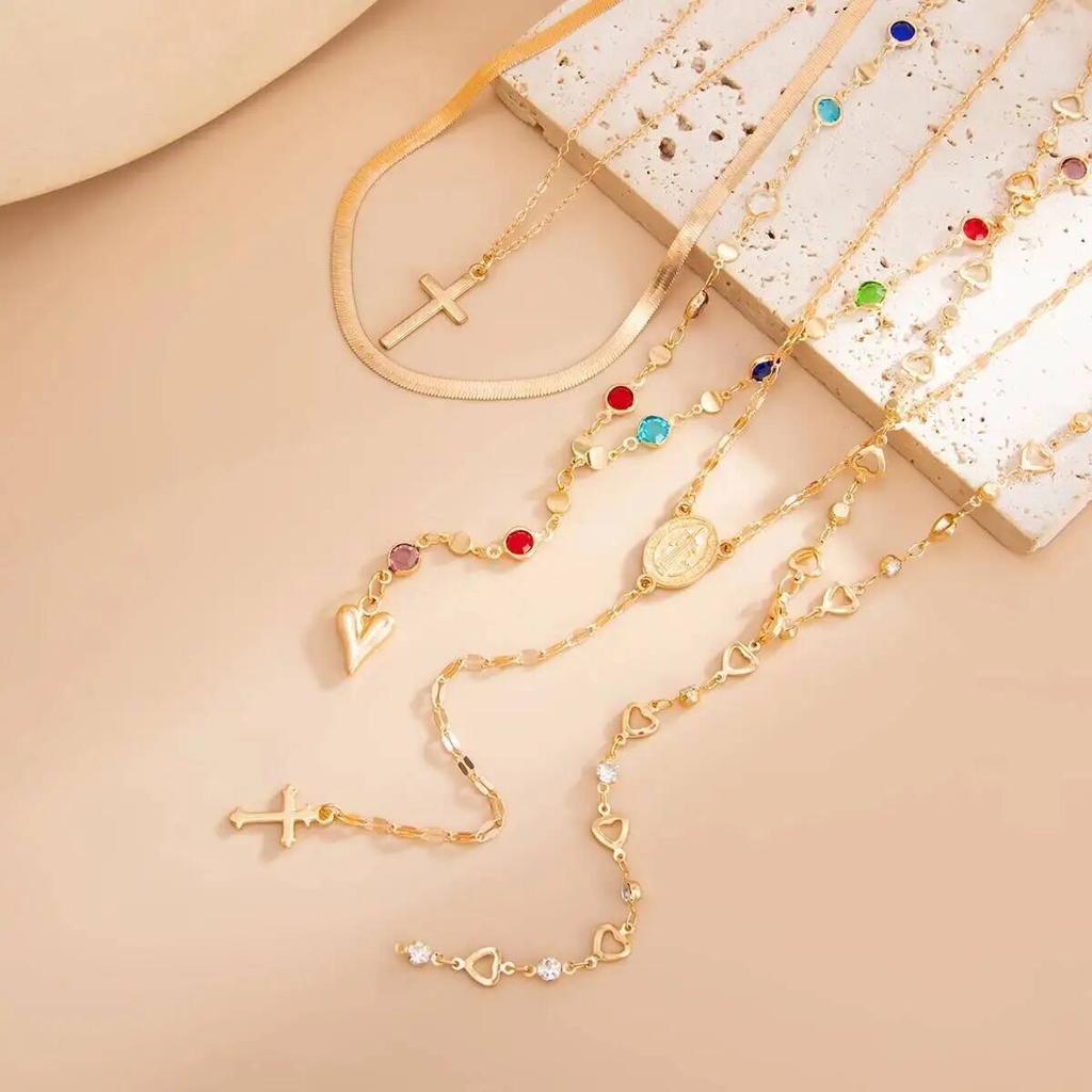 SHIXIN 5Pcs/Set Fashion Y-Shaped Colorful Crystal Clavicle Chain Women Boho Exquisite Gold Color Cross Pendant Necklace Jewelry