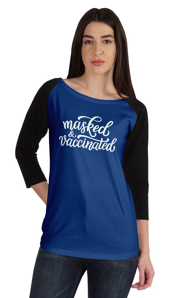 Inkmeso Маскированный и вакцинированный Забавная футболка с вырезом лодочкой в поддержку вакцинации для женщин