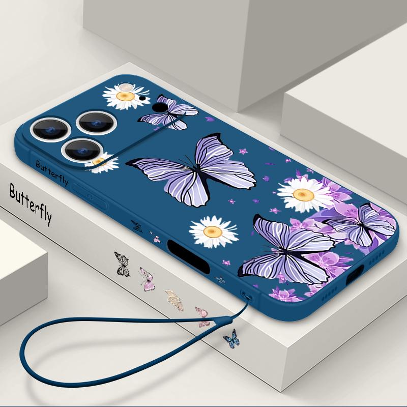 Wrist Strap Lanyard TPU Phone Case For iPhone 17 16 15 Pro Max 13 14 Pro Max 17e 16e 11 Purple Butterfly Soft Silicone Cover