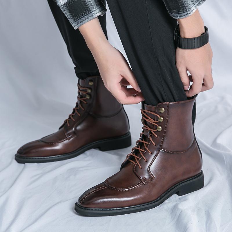 Winter New Luxury Motorcycle Boots Point-Toe Leather Boots Men Business Chelsea Boots Men Style Ankle Boots Riding Boots Lace-up
