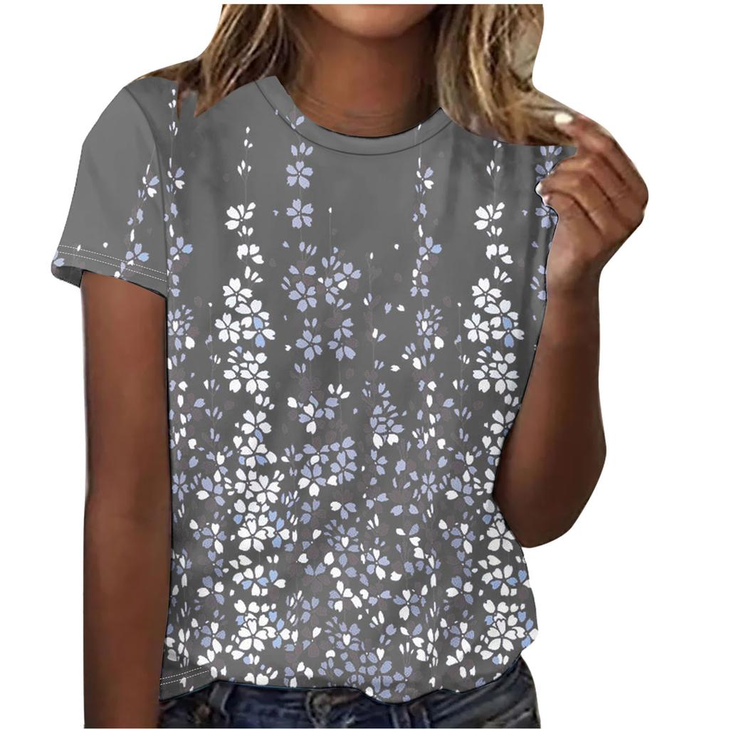 Summer Round Neck Beautiful Floral Print Top Fashionable Casual Short Sleeved Women's T-shirts