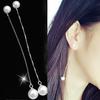 Womens Euramerican Elegant Simple 925 Silver Plated Pearl Long Tassel Ear Studs Earrings Korean Anti-allergy Long Ear Drop Earrings Jewelry