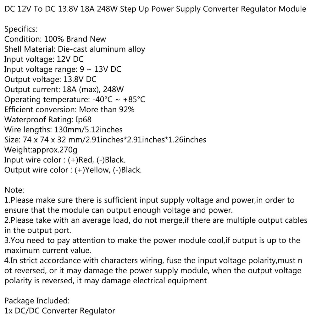 Водонепроницаемый DC/DC преобразователь регулятор 12 В с шагом до 13,8 В 18 А 248 Вт