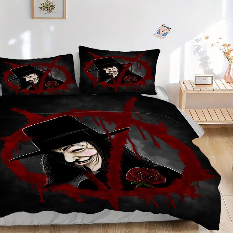 3pcs V for Vendetta Bedding Set, Soft Polyester Duvet Cover and Pillowcases Machine Washable Seasons all suitable & Guest Room Decor223