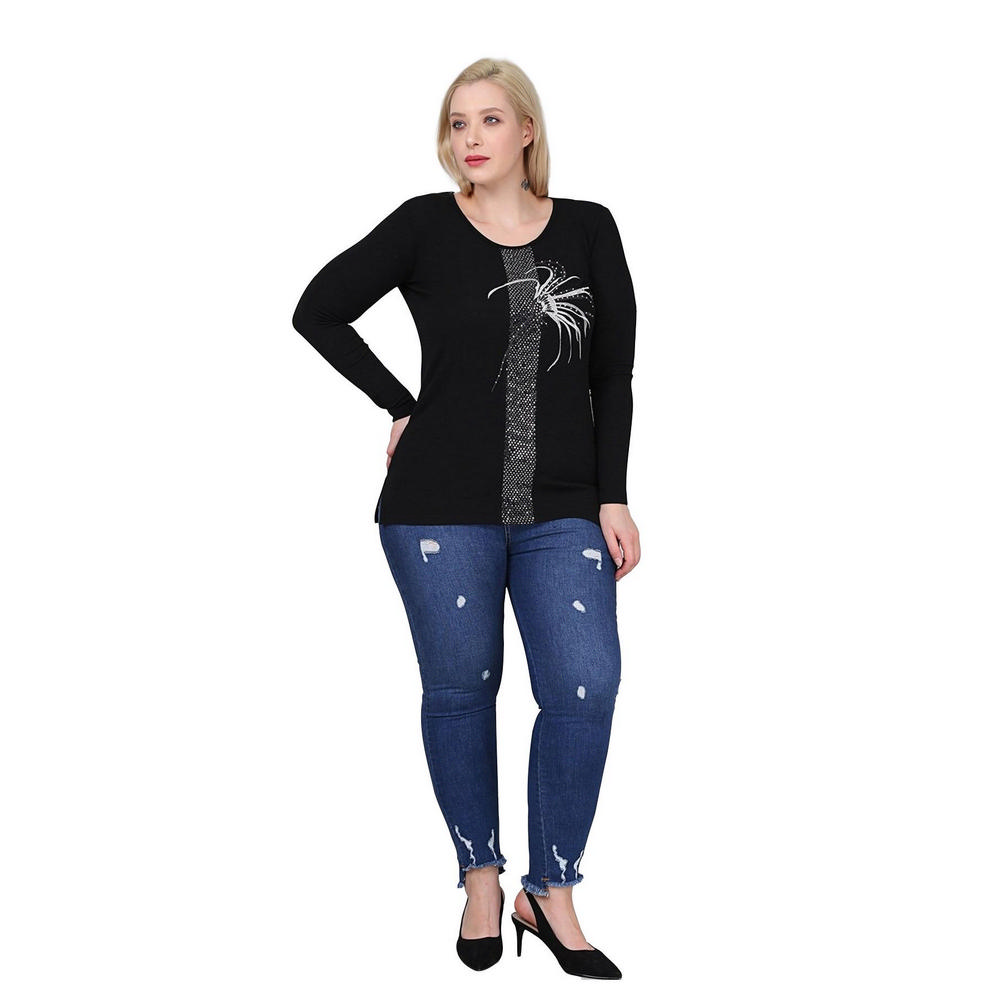 Fierte Женская блузка большого размера Rg6800 Круглый воротник с каменными деталями и длинными рукавами Тонкий трикотаж Черный