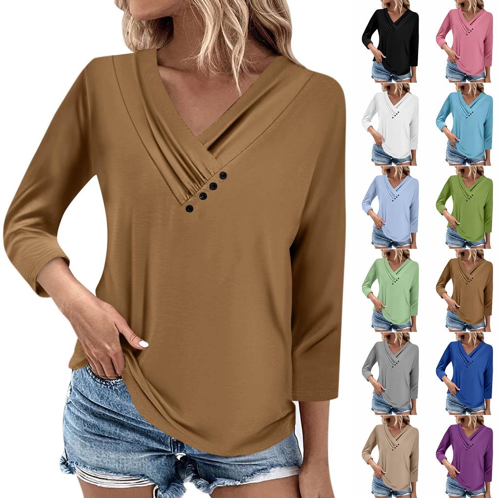 Womens 3/4 Sleeve Daily Weekend V Neck Casual Printed Tshirts Loose Fit Pleated Tees Ladies Blouse