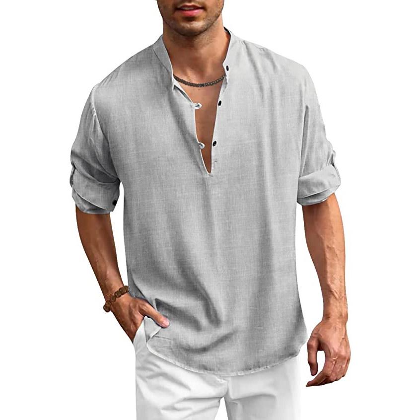 Хлопково-льняная рубашка, мужская осенняя рубашка со стойкой и длинным рукавом, однотонные негабаритные топы, мужские рубашки