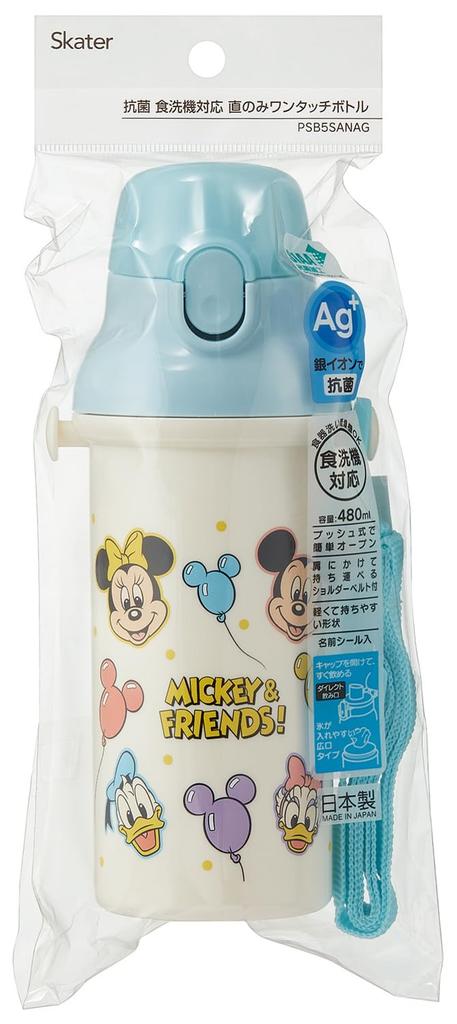 Skater Пластиковая бутылка для воды 480 мл, одно нажатие, антибактериальная, для детей, легкая, антибактериальная обработка, сделано в Японии, Disney Mickey Friends