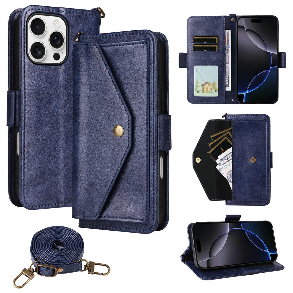 For iPhone 16 Pro Leather Case Magnetic Closure Wallet Stand Phone Cover with Crossbody Strap