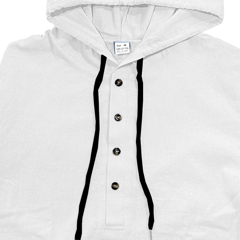 Весенне-осенняя мужская футболка с длинным рукавом, льняная тонкая штапельная толстовка с капюшоном на пуговицах, свободная повседневная рубашка для мужчин