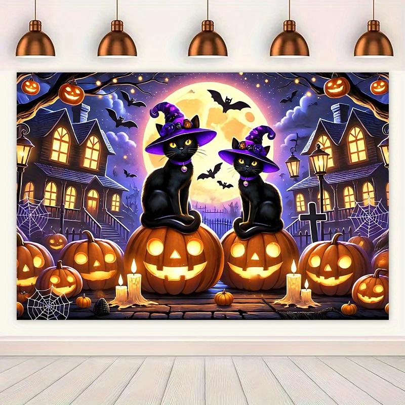One 2D background banner, a charming night featuring Halloween cats and pumpkins, with a bright polyester background fab