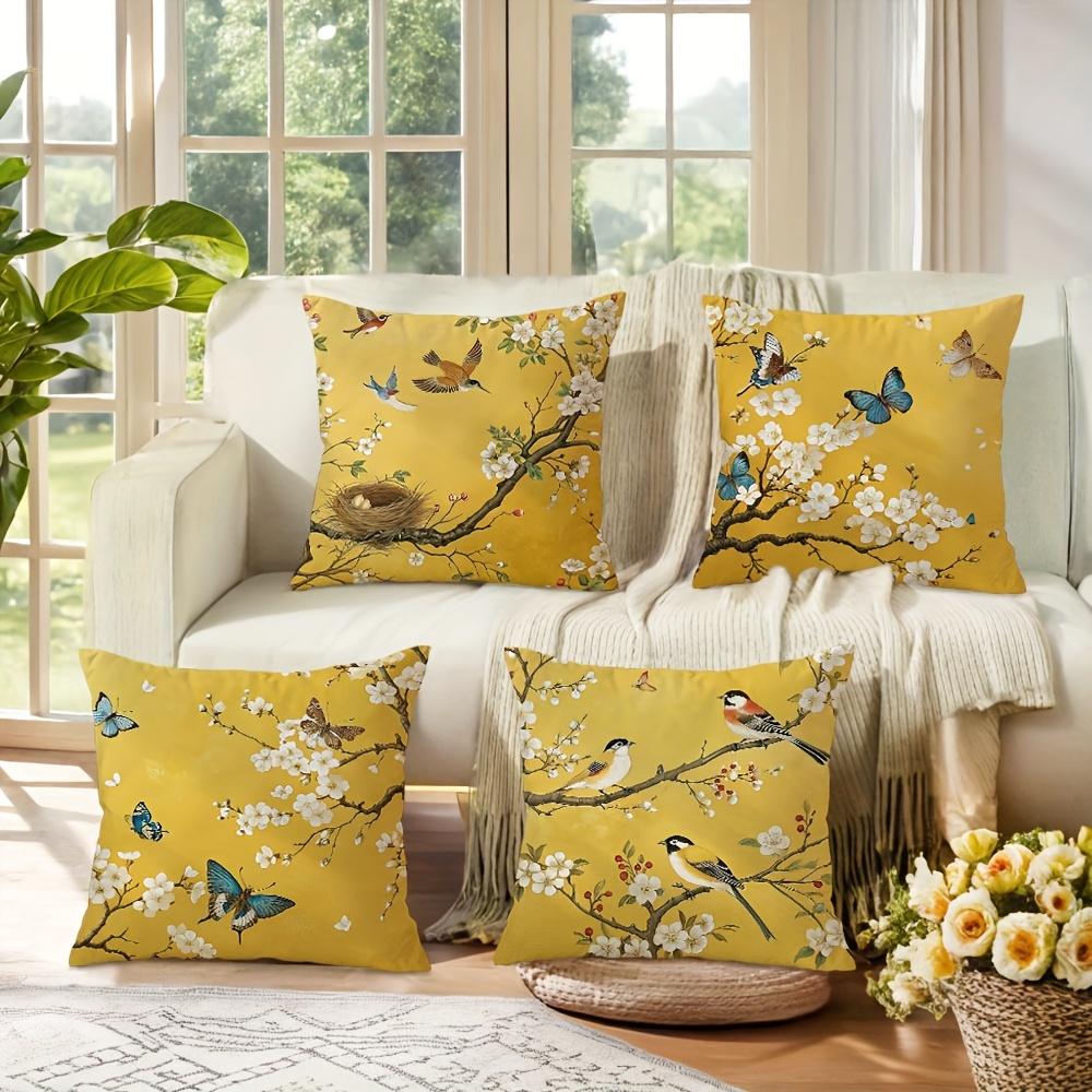 1/4 шт. Желтые наволочки с цветочными и птичьими мотивами Чехол для диванной подушки Декор для дома спальни комнаты