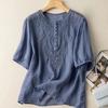 Women's Casual Clothing Blouses O-Neck Embroidery Loose Button Tunic Shirts Cotton Linen Tops