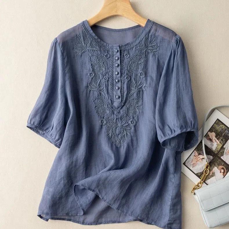 Women's Casual Clothing Blouses O-Neck Embroidery Loose Button Tunic Shirts Cotton Linen Tops