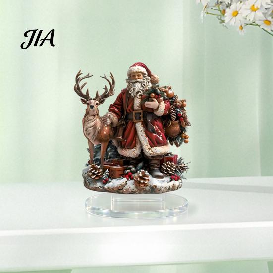 Cute Santa Claus Xmas Decorations Christmas Reindeer Tabletop Ornament, 2D Acrylic Festive Home Office Desk Decor for Fireplace Living Room