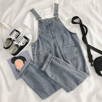 Женский весенне-летний джинсовый комбинезон в корейском стиле с рваными деталями - Свободный крой, Укороченный комбинезон, Брюки с широкими штанинами