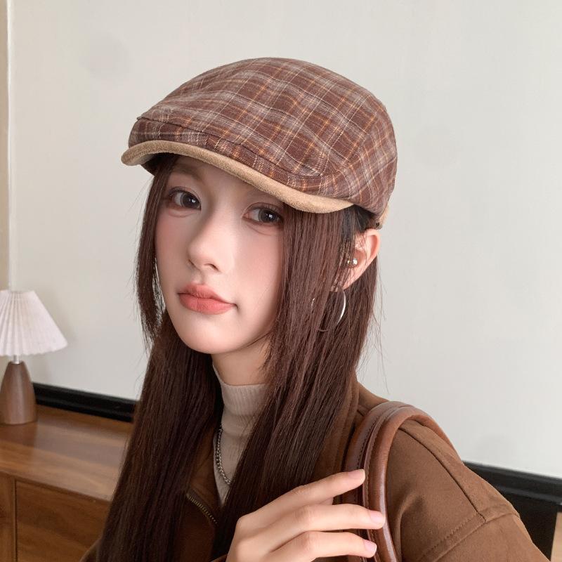 Japanese Retro Plaid Forward Hat Women's Autumn Versatile Newsboy Hat Temperament Versatile Small Duck Tongue Beret