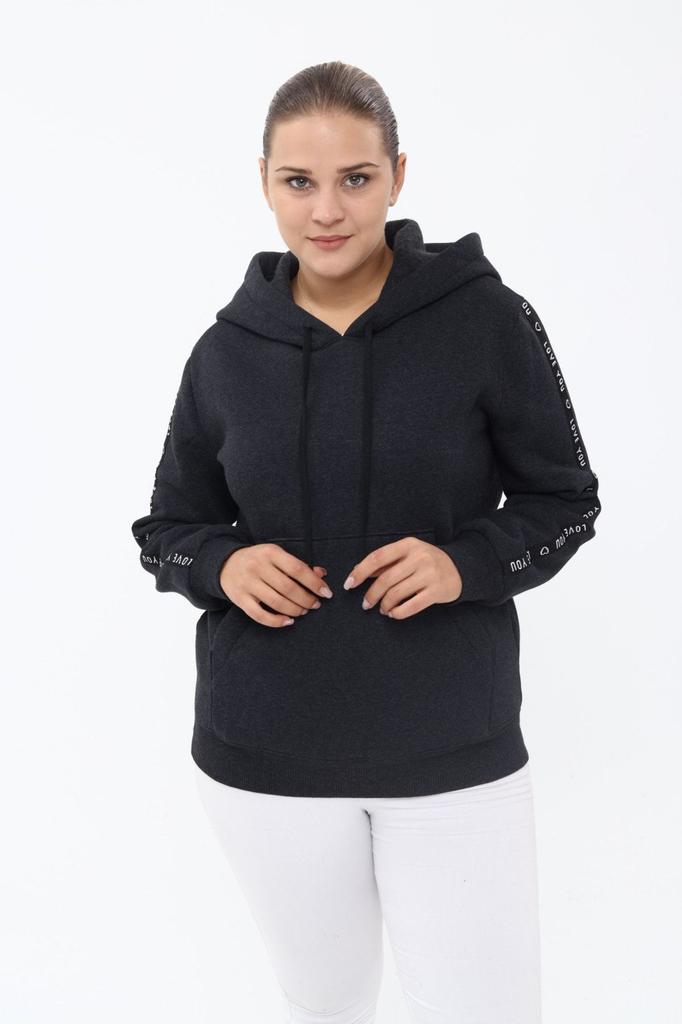 Women's Style Big Size Sweatshirt Pianoluce Large Size Striped Pocket Hooded Sweatshirt Anthracite