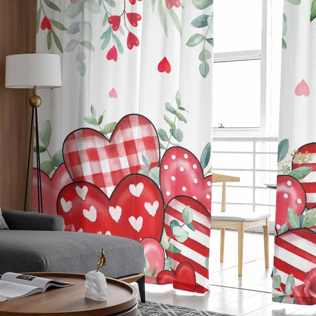 День святого Валентина, красные сердечки, листья, розы, прозрачные шторы для гостиной, кухни, оконные шторы, тюлевые занавески для спальни, вуали